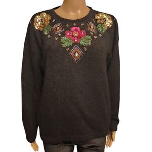 Vintage Bejeweled Black Silk and Angora Sweater Size M